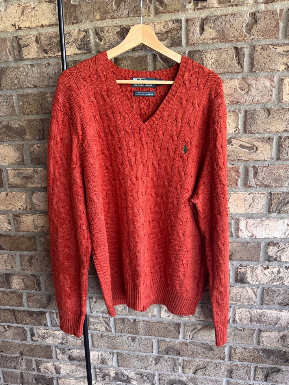 Polo Ralph Lauren XXL 100% Tussah Silk Cable Knit V-Neck Sweater Rust Orange